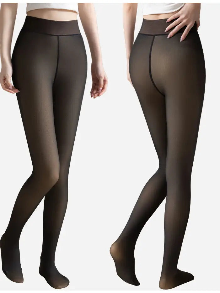 Warm Fleece Lined Tights Fake Sheer Pantyhose Leggings - Black