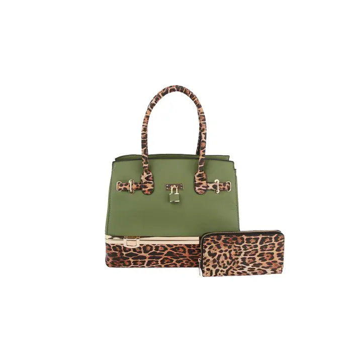 Le Miel Cheetch Accent Handbag and Clutch - Olive