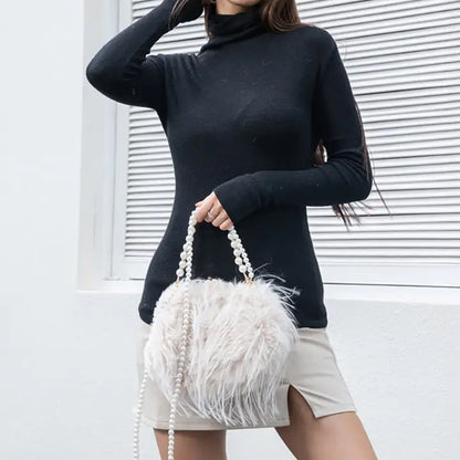 Pearl Handle Chain Faux Fur Handbag