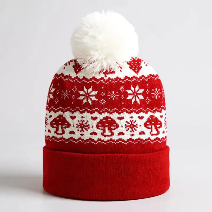 Snowflake Mushroom Pattern Pom  Pom Winter Beanie Hat