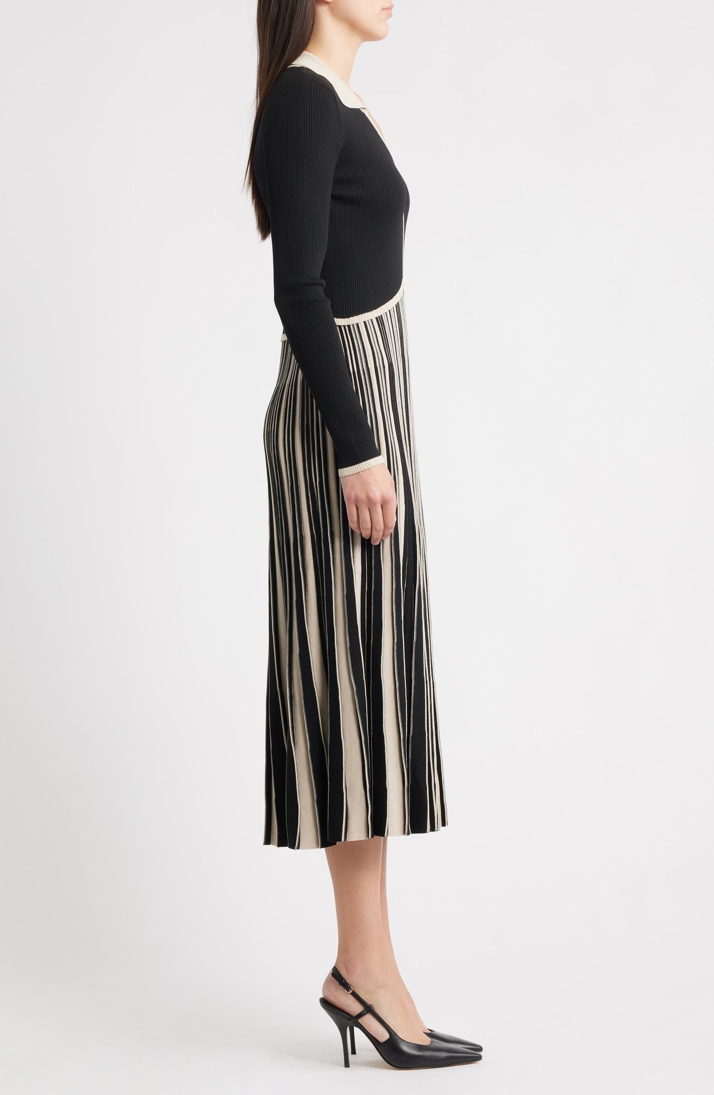 Stripe Long Sleeve Pleated Sweater Dress
