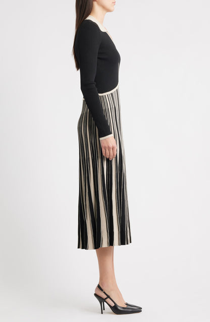 Stripe Long Sleeve Pleated Sweater Dress