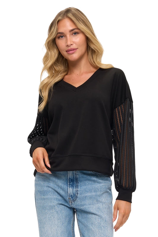 Scuba V Neck with Lace Sleeve Top