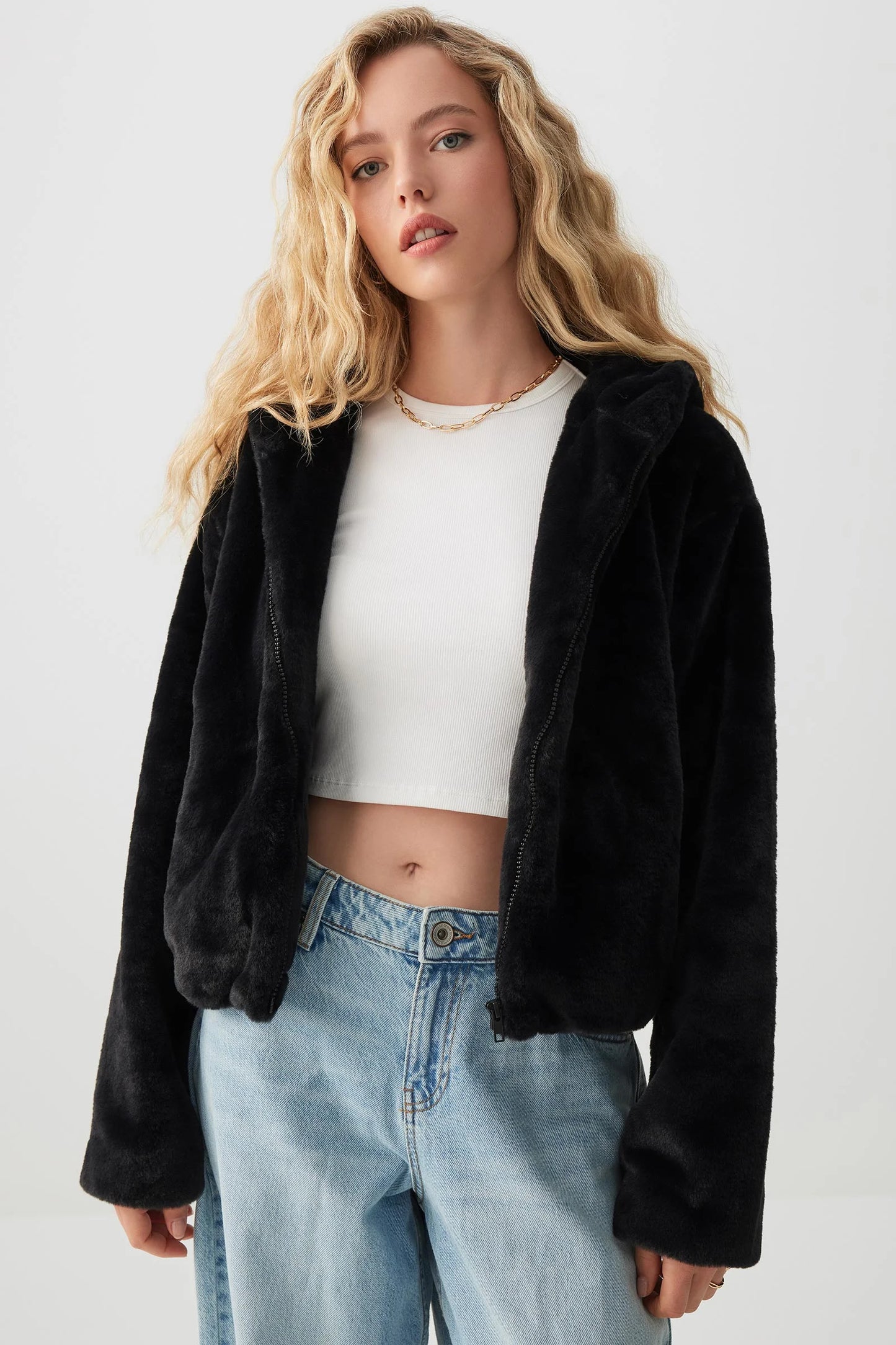 Cropped Zip Up Faux Fur Hoodie