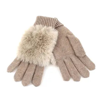 Knit Faux Fur Trim Gloves - Brown