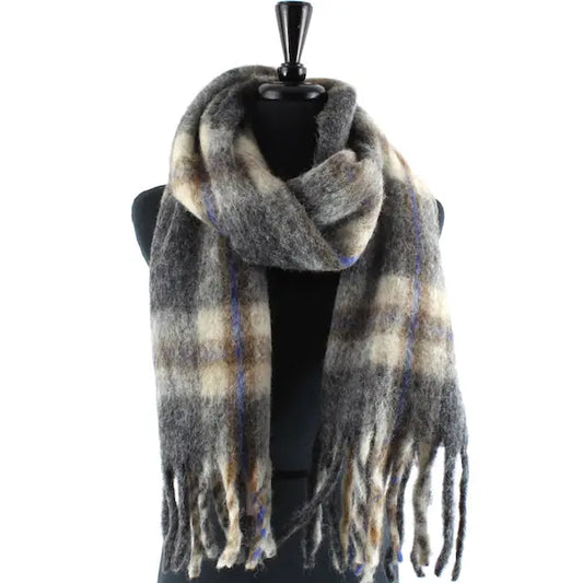 Large Fuzzy Plaid Scarf - Black/Blue