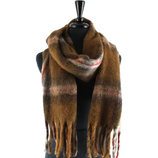 Large Fuzzy Plaid Scarf - Brown Multicolor