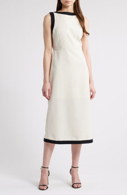 Contrast Trim Linen Midi Dress